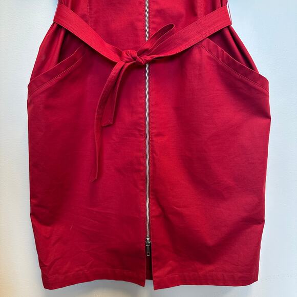 Lafayette 148 Red Belted Zip Front Sheath Dress w/ Pockets Stretch Cotton Career - Picture 6 of 11